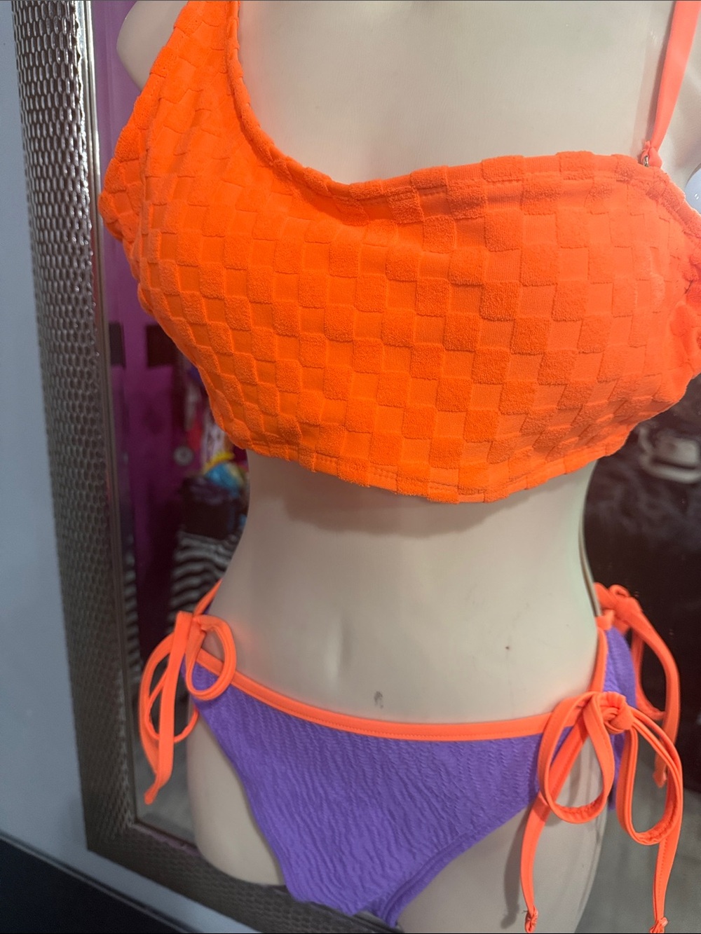 Women's Two-Piece Textured Swim Set - Bright Orange & Purple